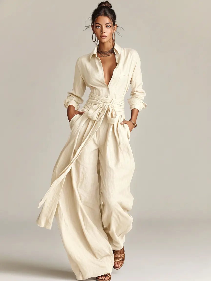 Jumpsuit Damen | Langarm Hemdkragen mit Bindegürtel & Weitem Bein