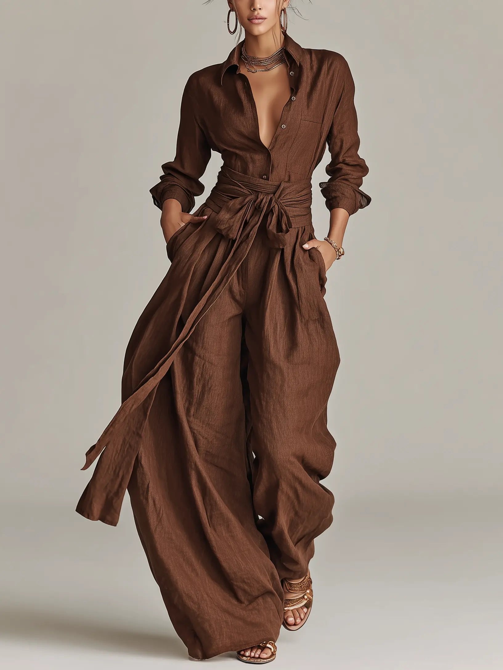 Annika | Damen Linen Langarm Hemdkragen Gürtel Jumpsuit 0
