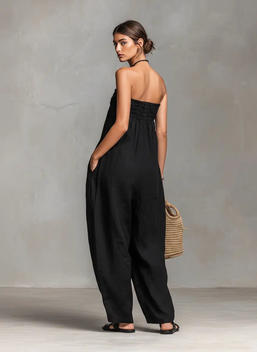 Hannah | Damen Leinen Wide-Leg Trägerloser Jumpsuit mit Bindeverschluss 1