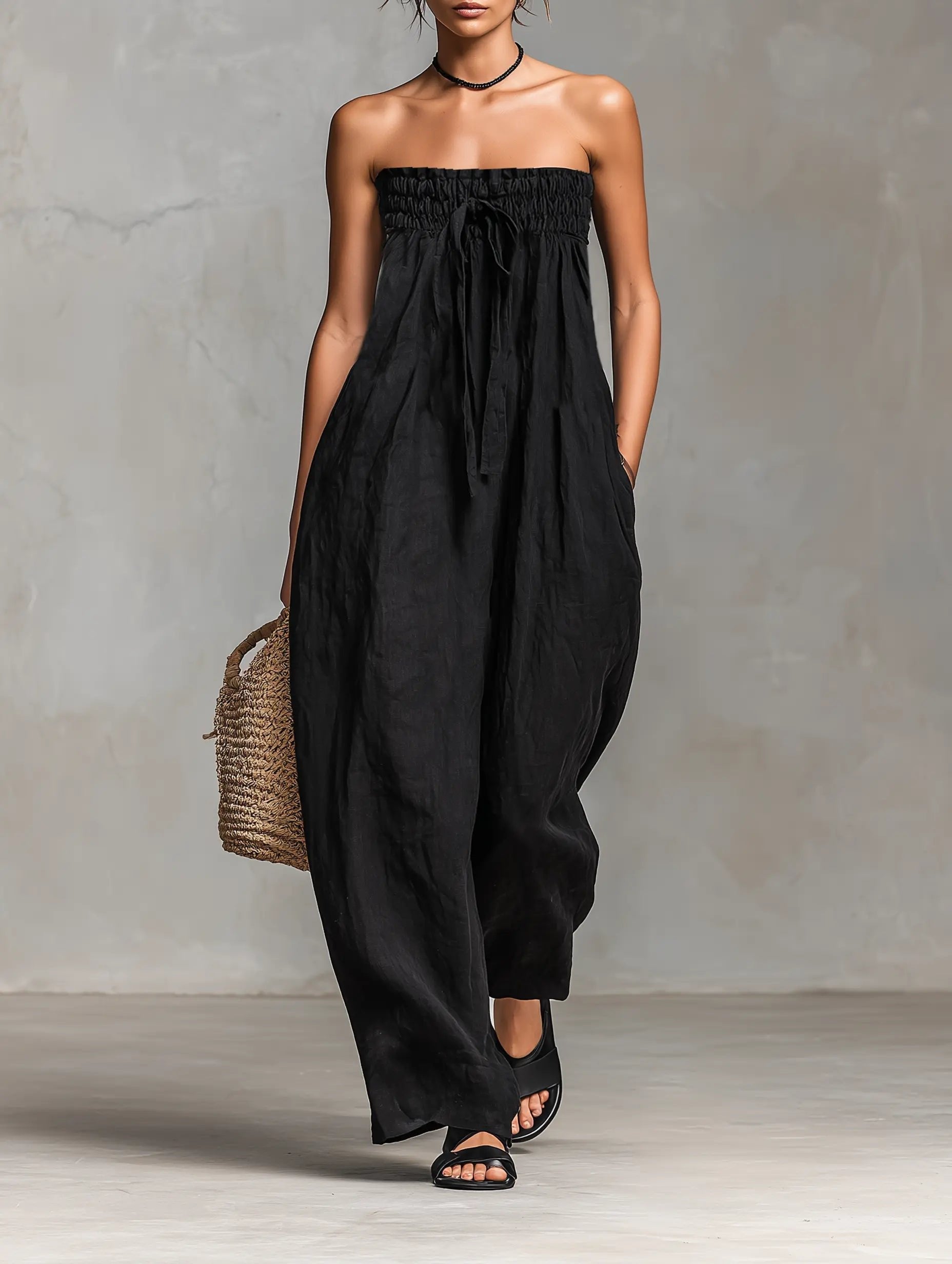 Hannah | Damen Leinen Wide-Leg Trägerloser Jumpsuit mit Bindeverschluss 0