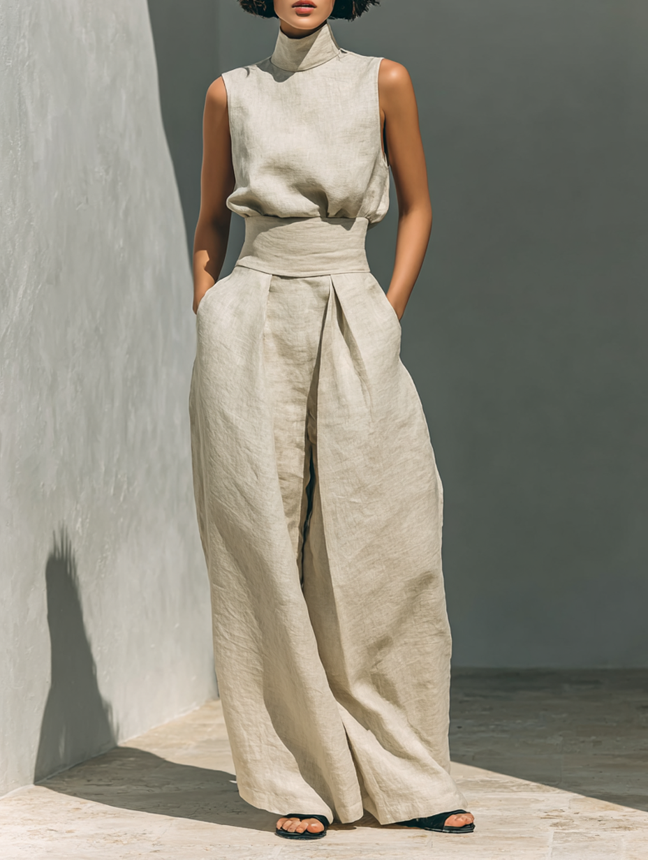 Damen Ärmellose Bluse und Weite-Hosen Ensemble 0