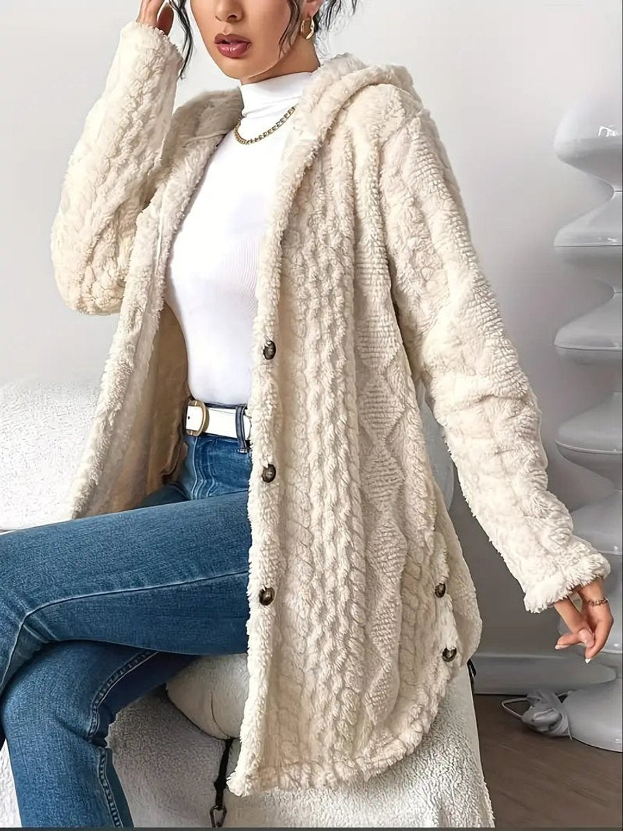 Damen Flauschiger Kapuzen-Cardigan Oversized Geknöpft