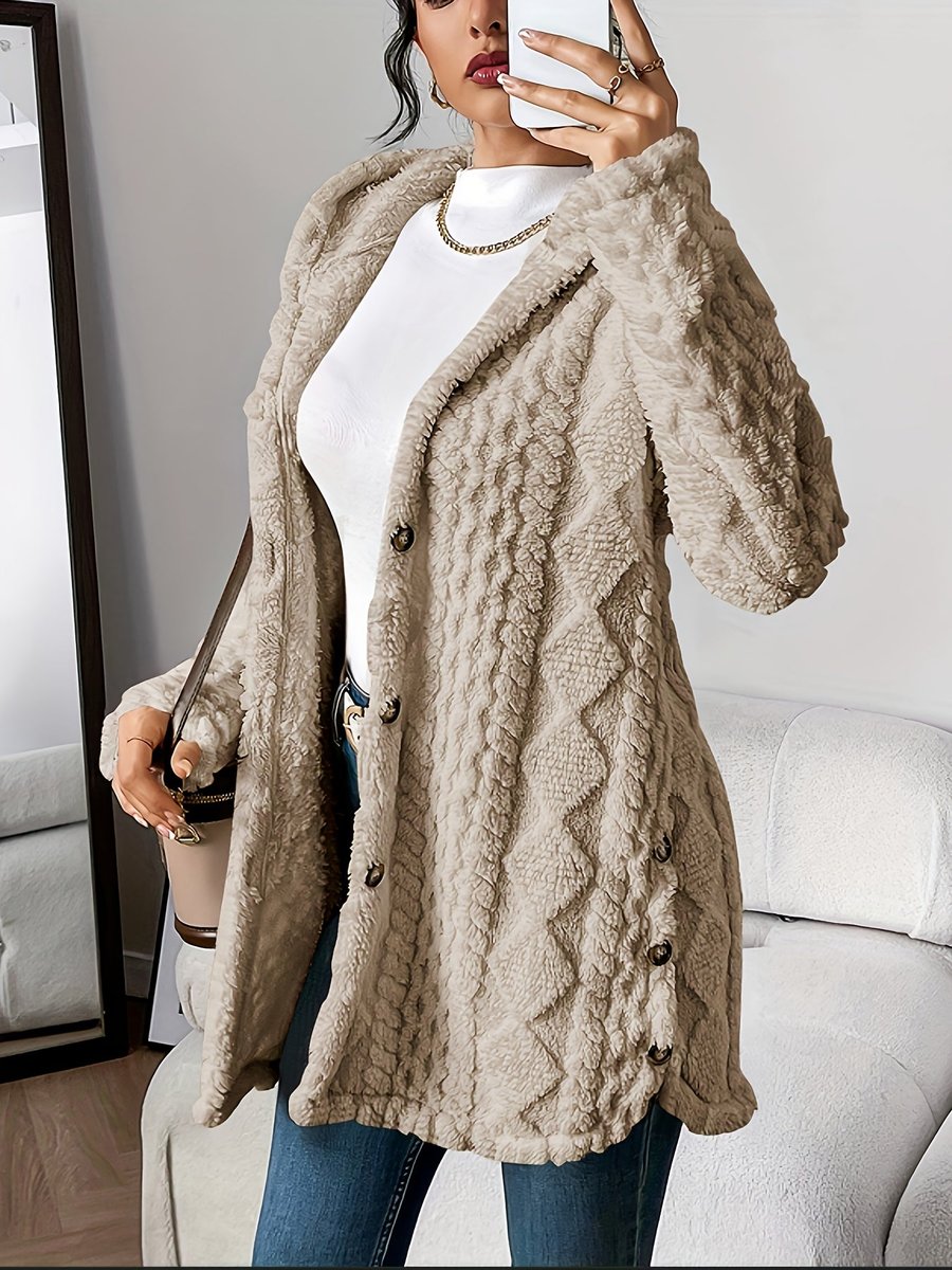 Damen Flauschiger Kapuzen-Cardigan Oversized Geknöpft - Khaki