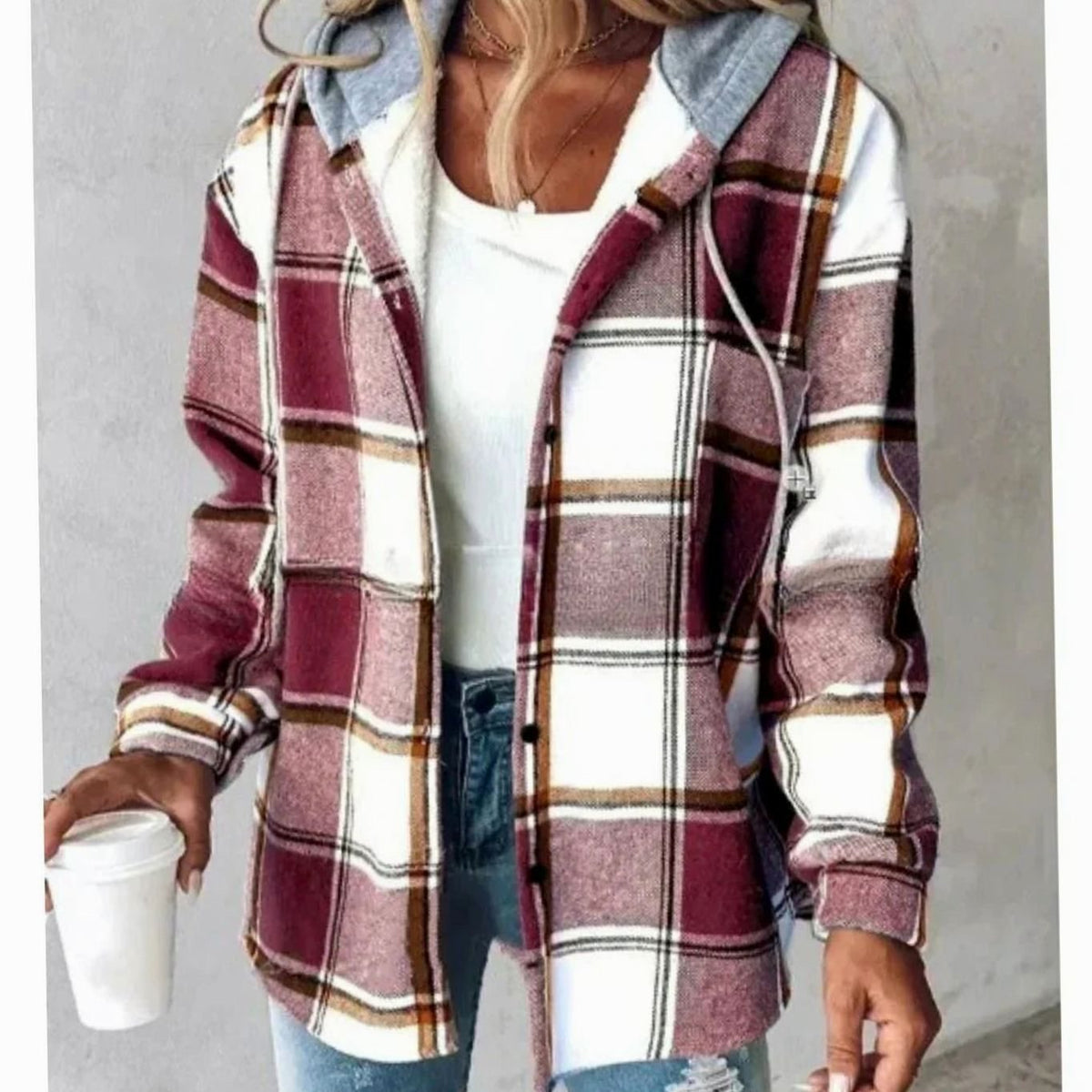 Damen Karo Hoodie Jacke mit Kapuze Lockere Passform Winterjacke - Dunkelrot