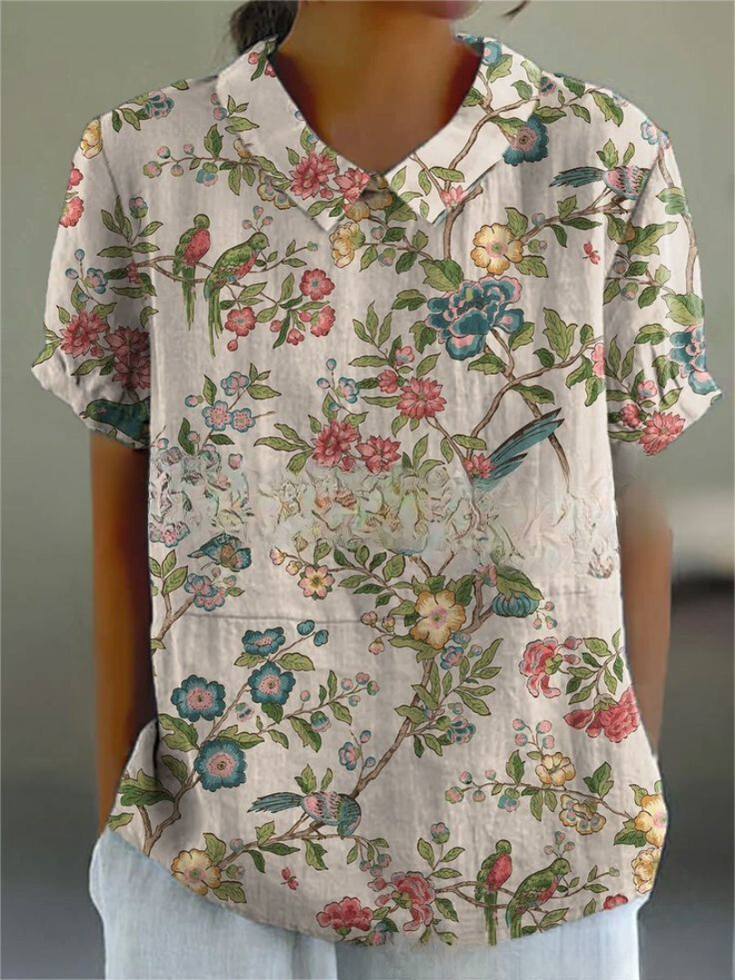 Kurzarmbluse Damen | Romantischer Rosenprint & Femininer Casual-Stil