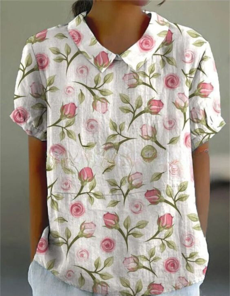 Kurzarmbluse Damen | Romantischer Rosenprint & Femininer Casual-Stil