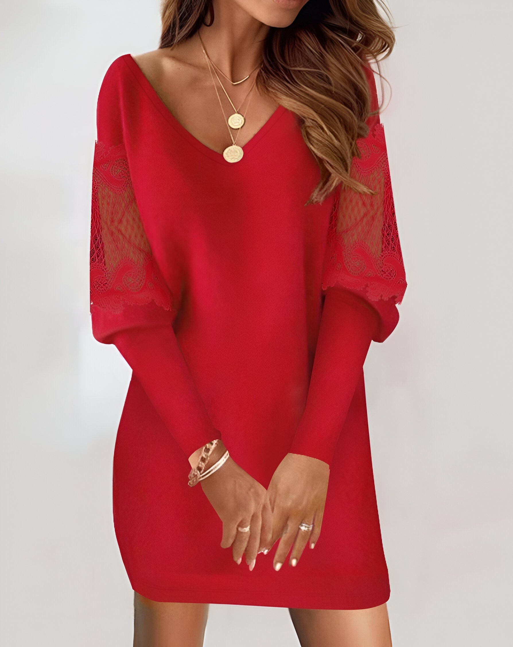 Langarm Kleid Damen | Femininer V-Ausschnitt mit Spitzendetail