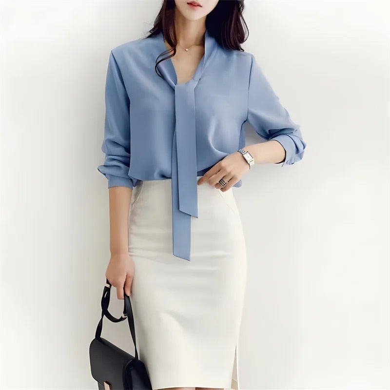 Langarm Bluse mit Fliege-Kragen 0