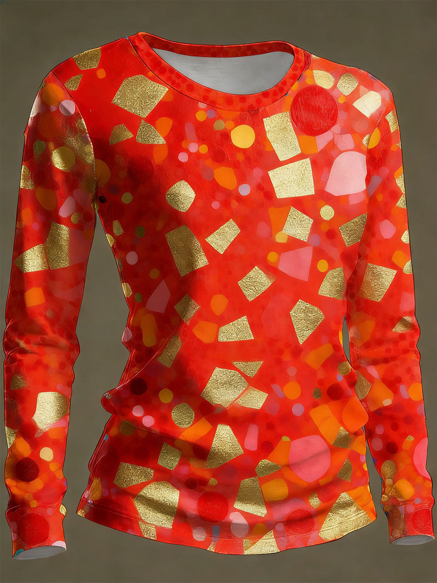 Langarmshirt Damen | Geometrisches Muster & Rundhalsausschnitt