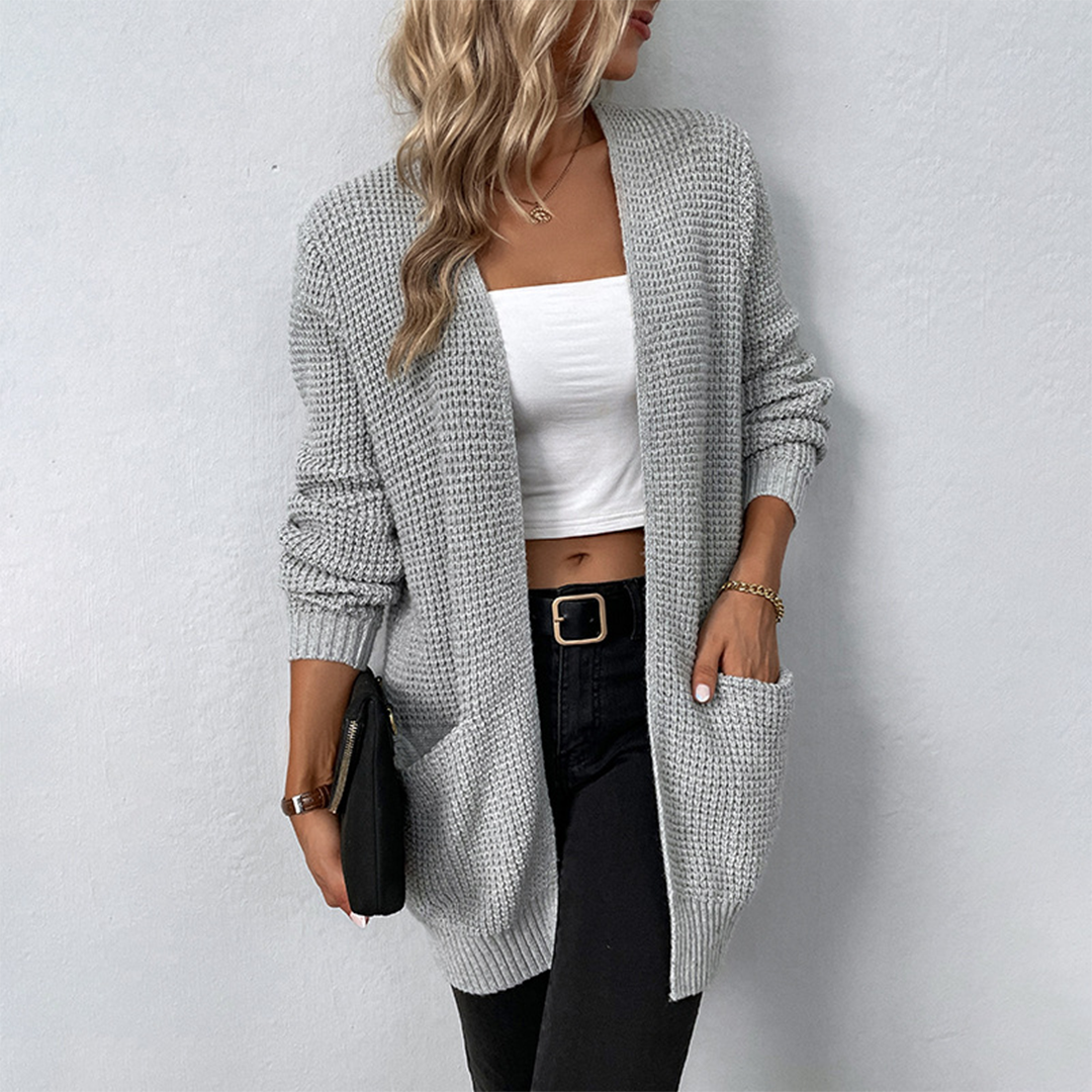 Lange Damen-Fleecejacke mit V-Ausschnitt und Taschen