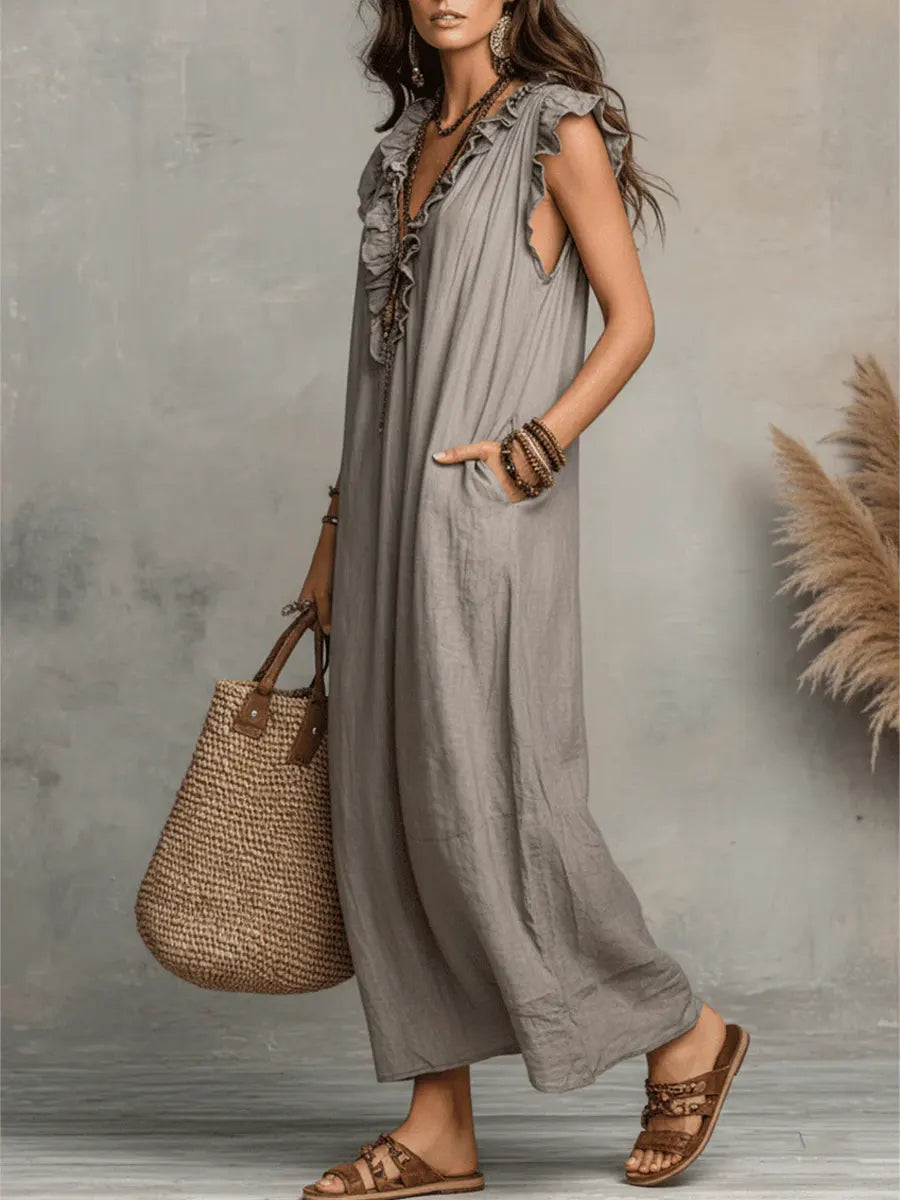 Langes Kleid Damen | Leinenlook-Maxikleid mit Rüschenkragen & Taschen