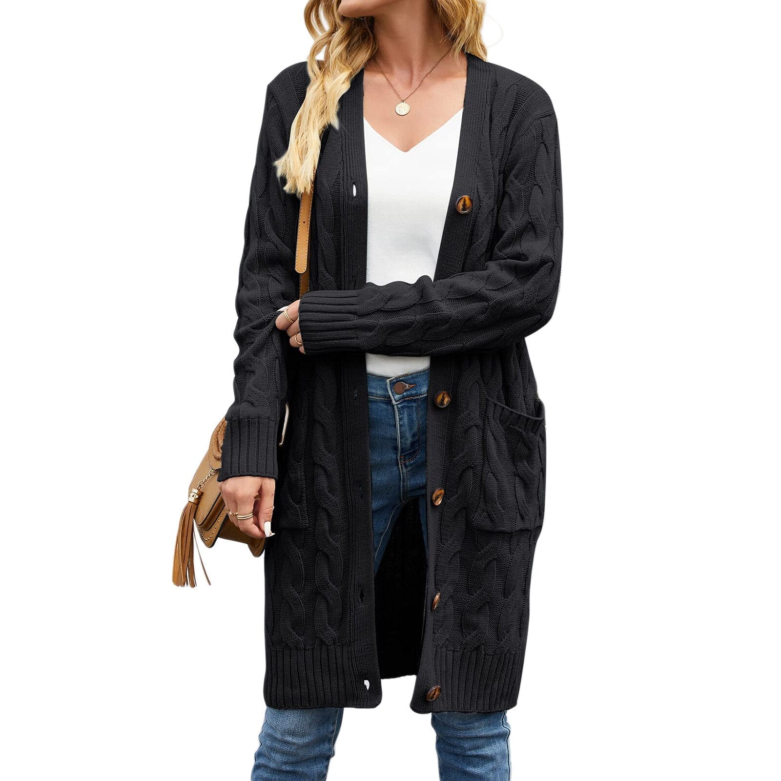 Lässiger Langarm-Strickmantel | Damen Cardigan mit Taschen für Frühling und Herbst