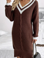 Laternenärmel Strickkleid mit V-Ausschnitt
