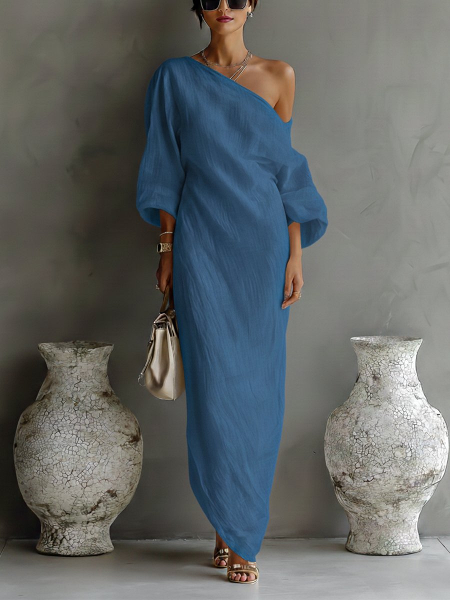 Lena | Damen Leinen-Baumwoll One-Shoulder Maxi Kleid 4