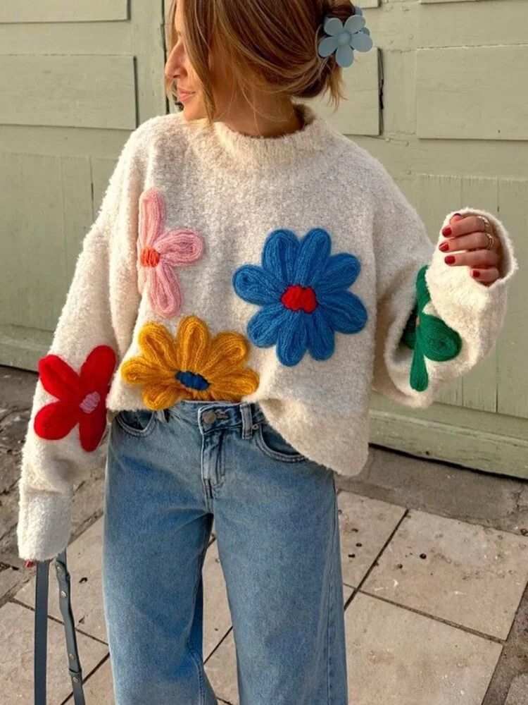 Maisie - Strickrollkragenpullover Buntes Blumendesign