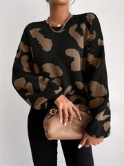 Makayla - Long-sleeved Leopard Pattern Round Neck Sweater