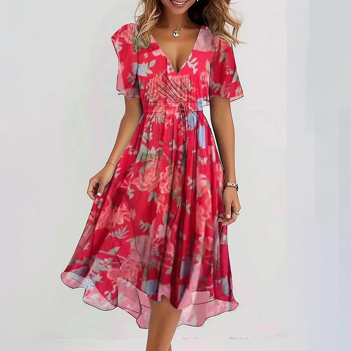Blumen kleid Damen | V-Ausschnitt & Tailliertes Bindedetail
