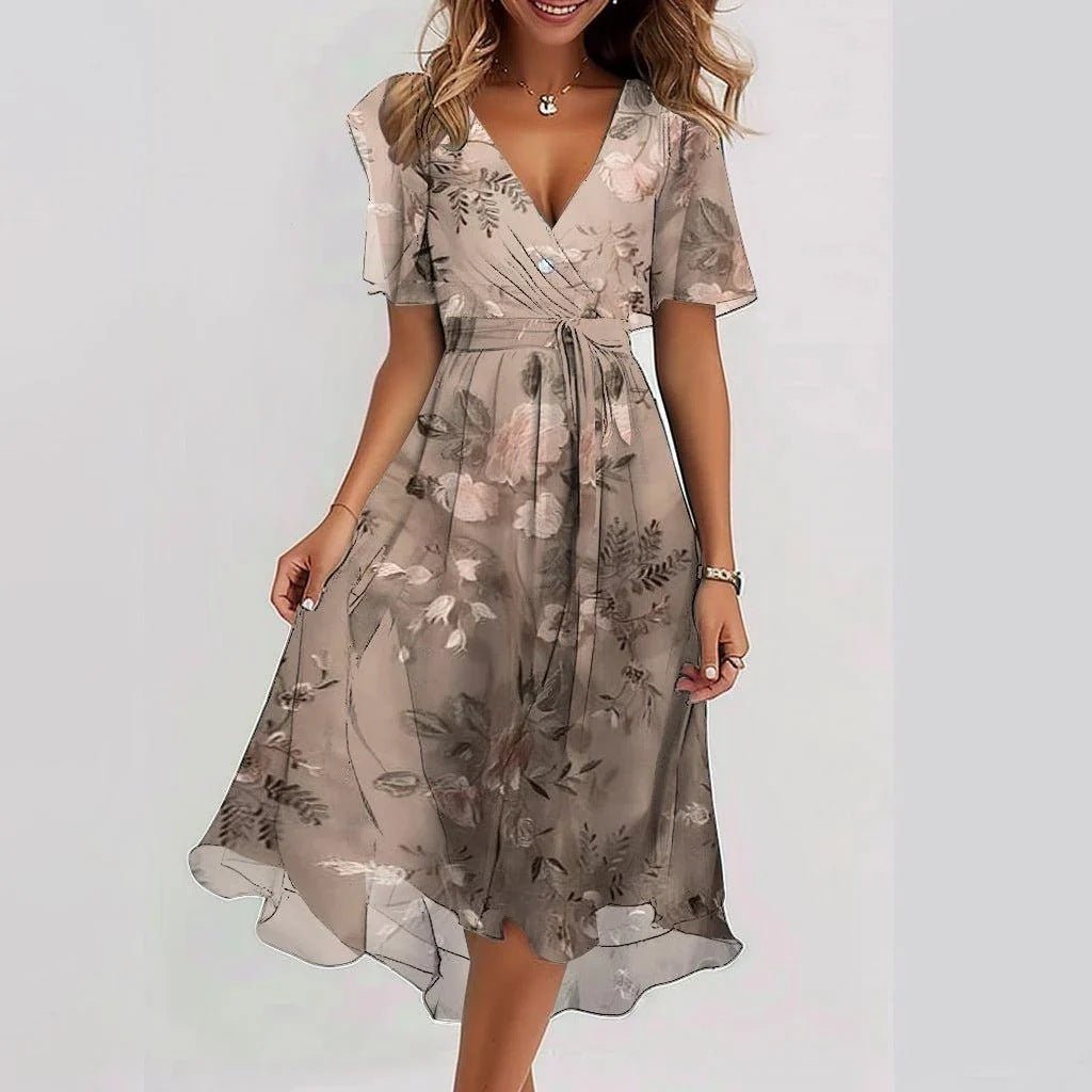 Blumen kleid Damen | V-Ausschnitt & Tailliertes Bindedetail