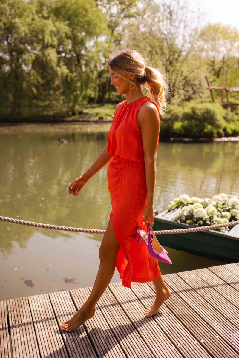 Maxi Kleid Damen | Ärmelloses Sommerkleid mit Rundhals-Drapierung