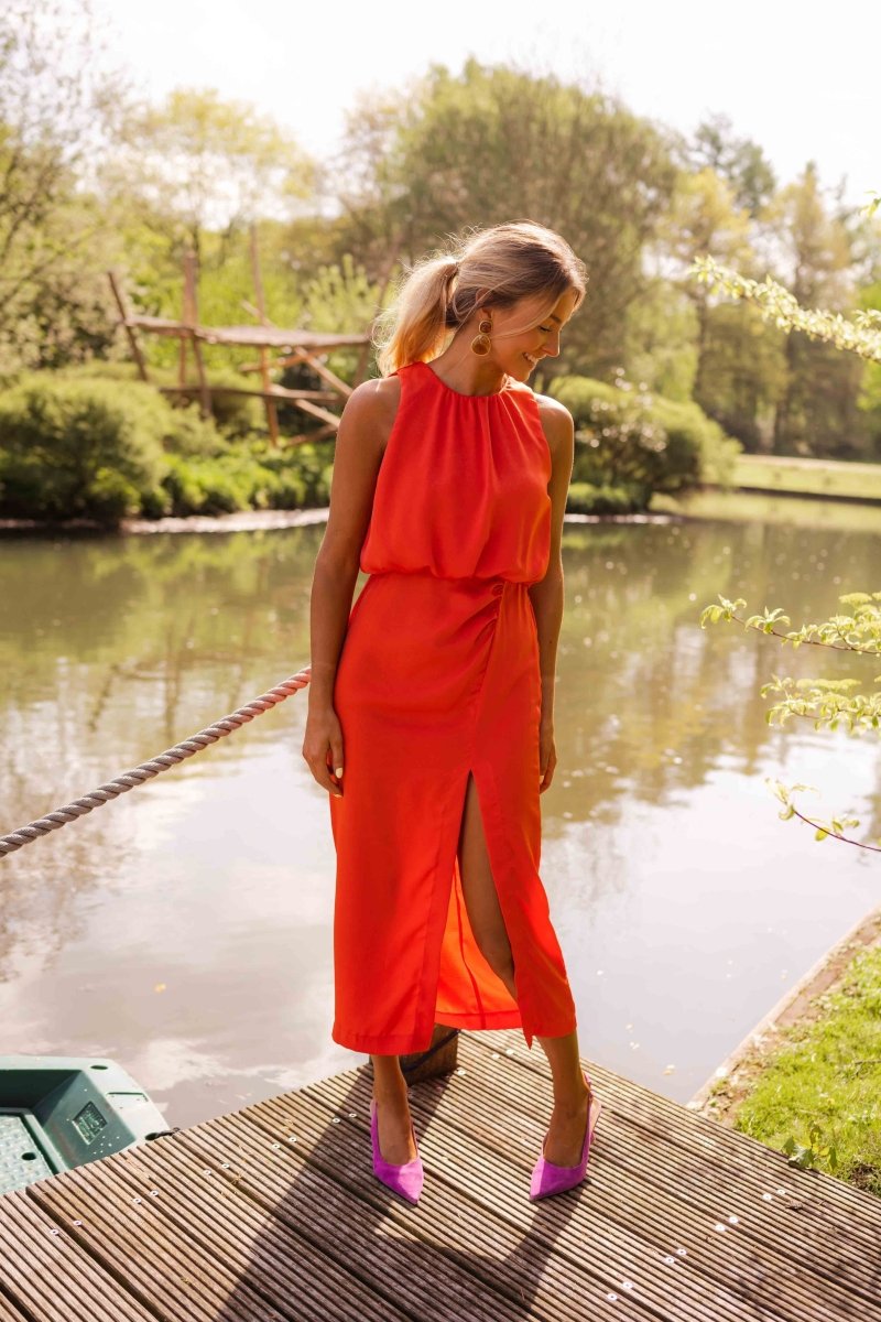 Maxi Kleid Damen | Ärmelloses Sommerkleid mit Rundhals-Drapierung