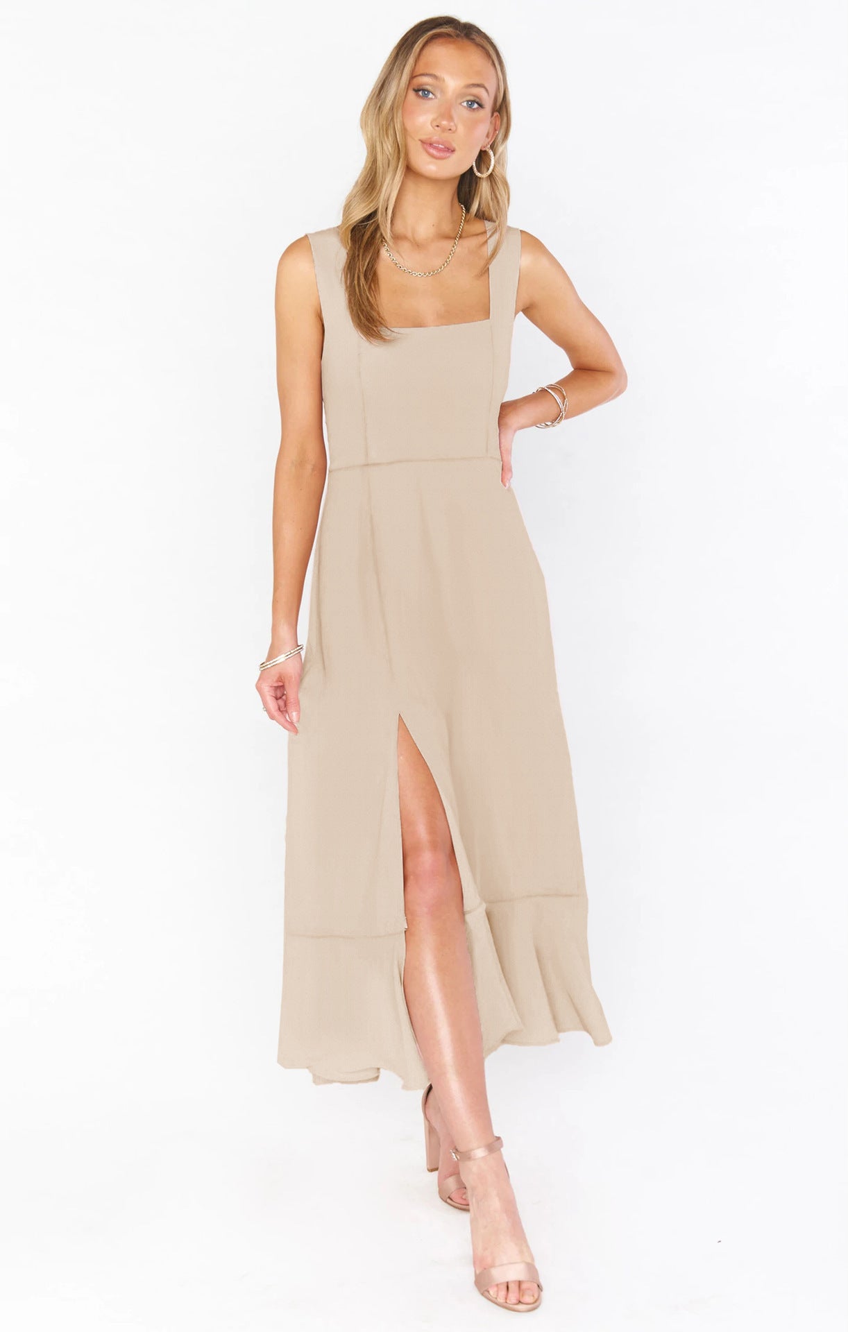 Maxi Kleid Damen | Bindegürtel, Schlitz & Schulterband-Detail