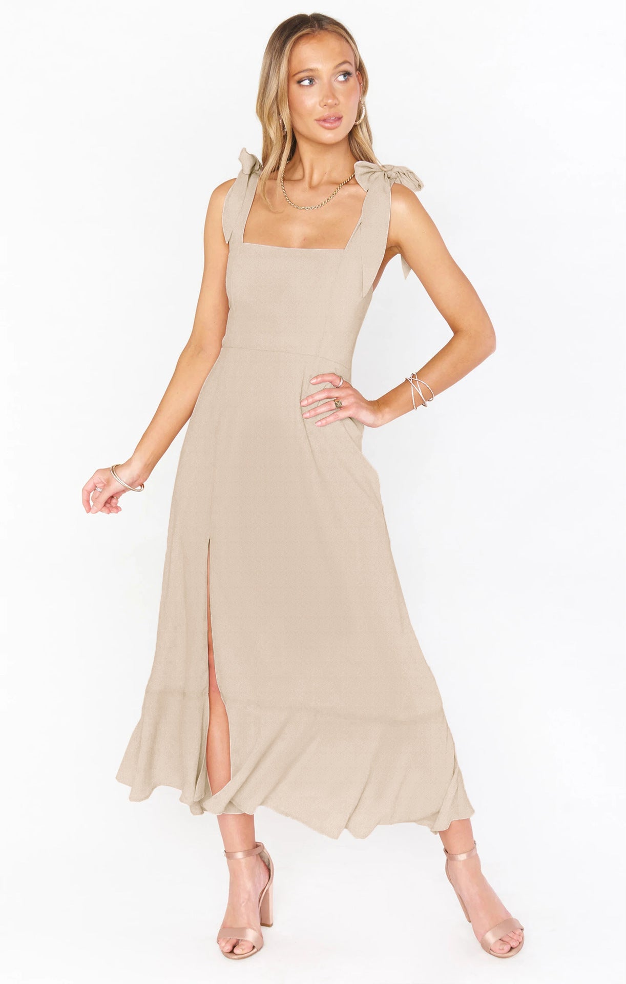 Maxi Kleid Damen | Bindegürtel, Schlitz & Schulterband-Detail