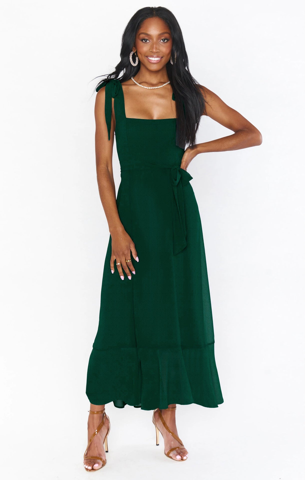 Maxi Kleid Damen | Bindegürtel, Schlitz & Schulterband-Detail
