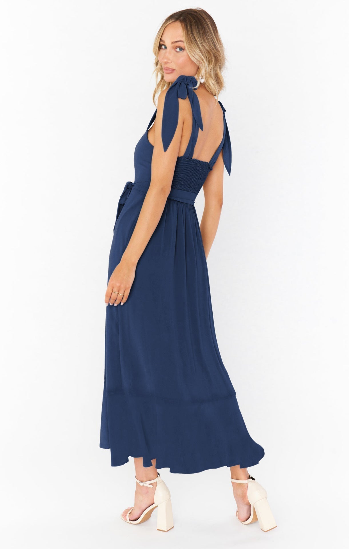 Maxi Kleid Damen | Bindegürtel, Schlitz & Schulterband-Detail