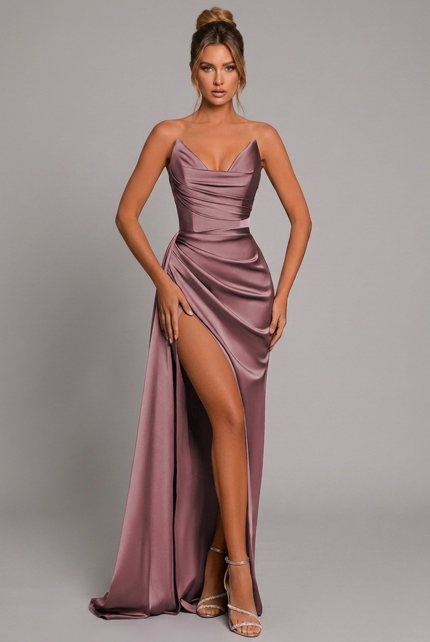 Maxi Kleid Damen | Trägerlos, Herzausschnitt & Beinschlitz