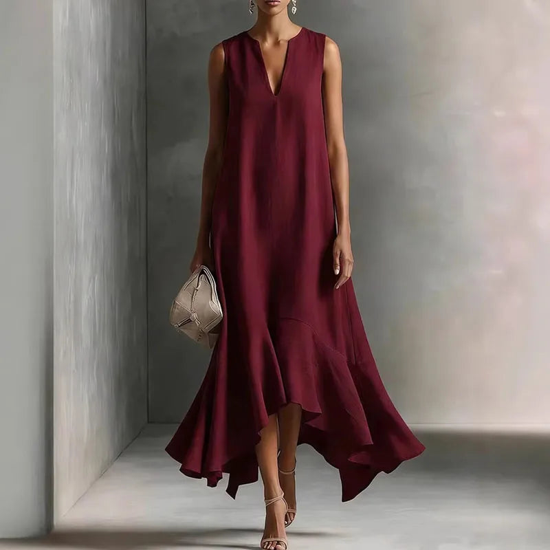 Maxi Kleid Damen | V-Ausschnitt & Volantsaum – Elegantes A-Linien Kleid