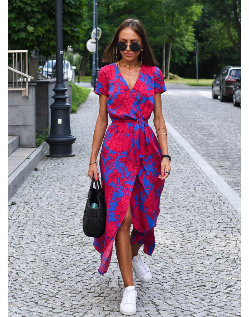 Maxikleid Damen | Blumendruck & Wickeloptik mit Bindegürtel