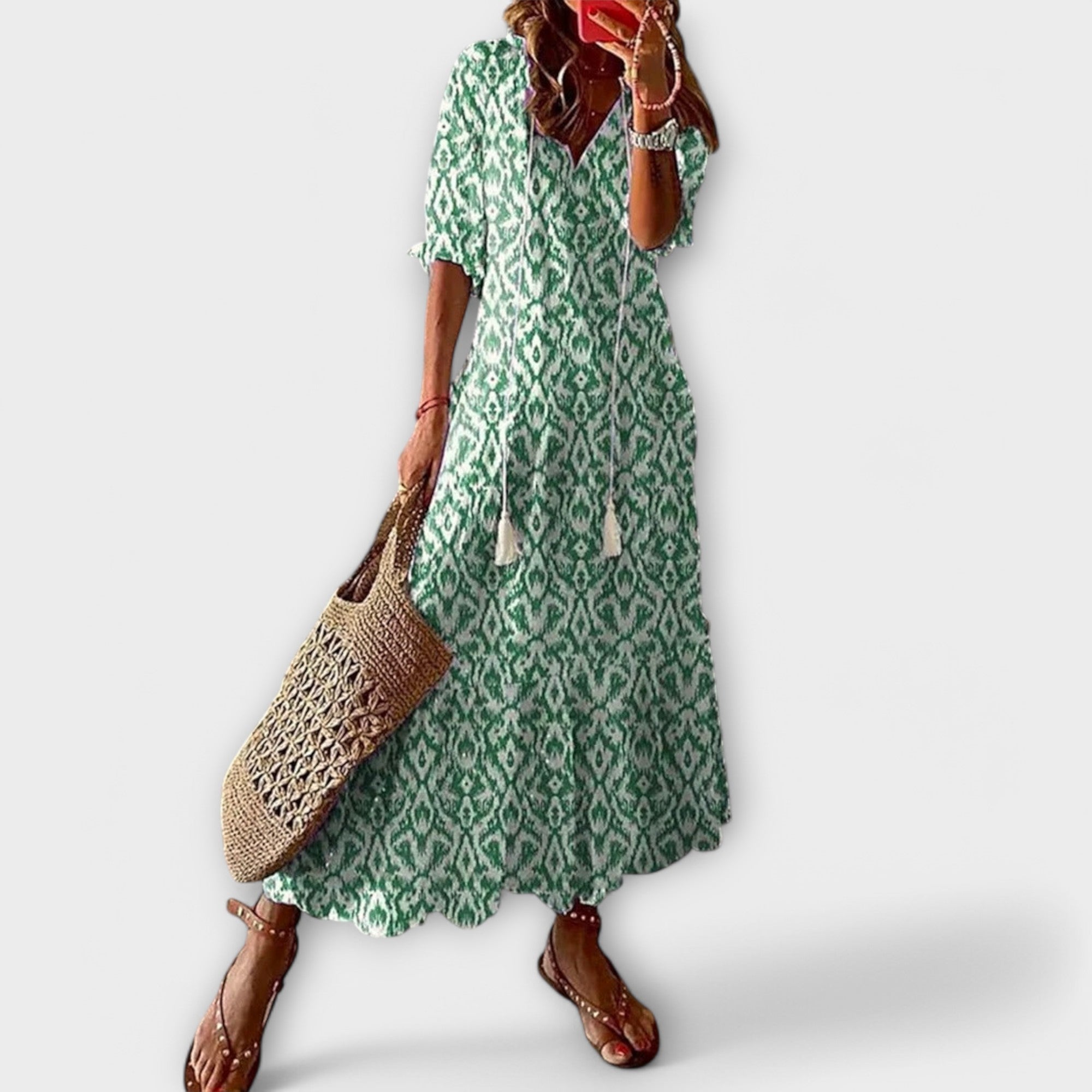 Maxikleid Damen | Boho Ikat-Print & Quasten V-Ausschnitt