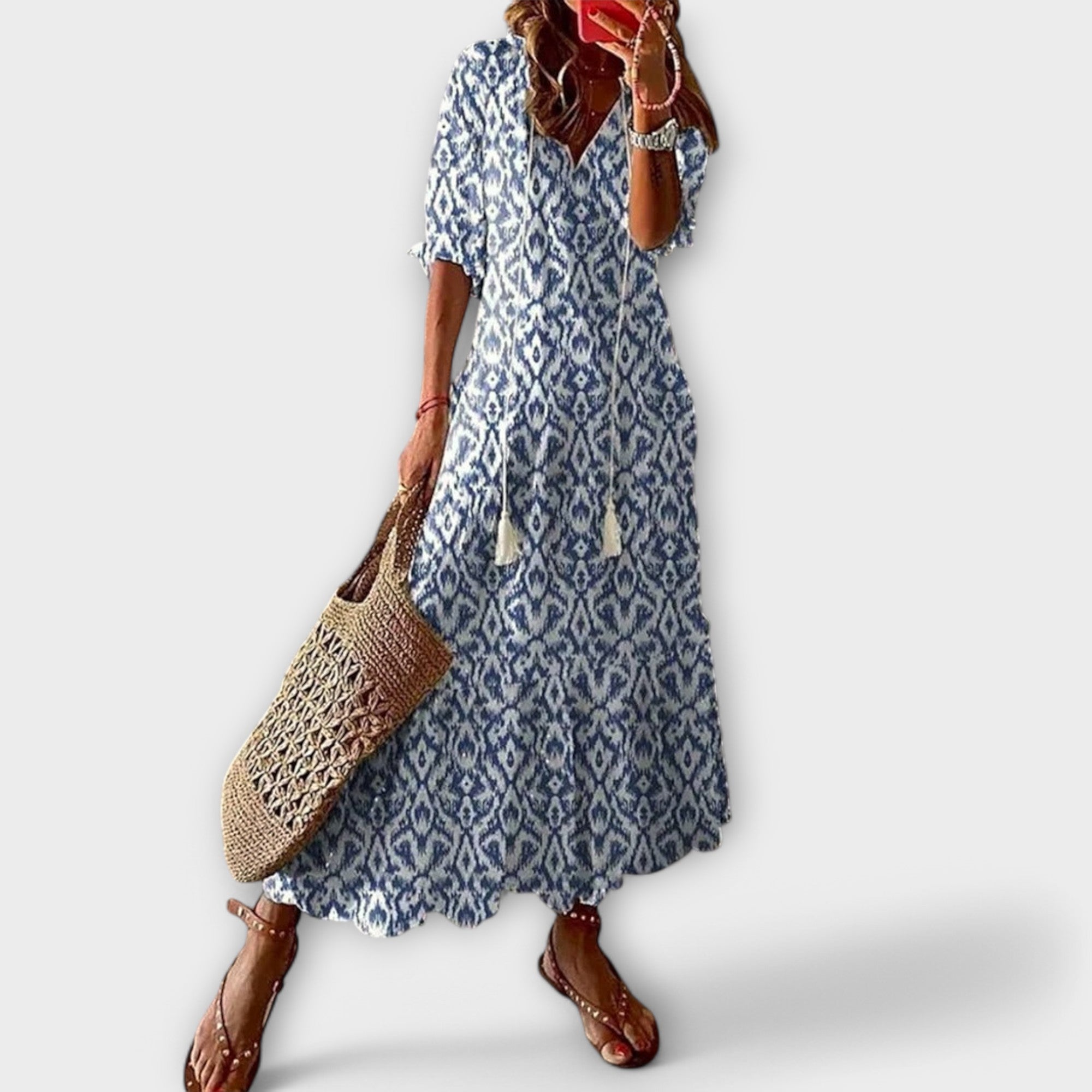 Maxikleid Damen | Boho Ikat-Print & Quasten V-Ausschnitt