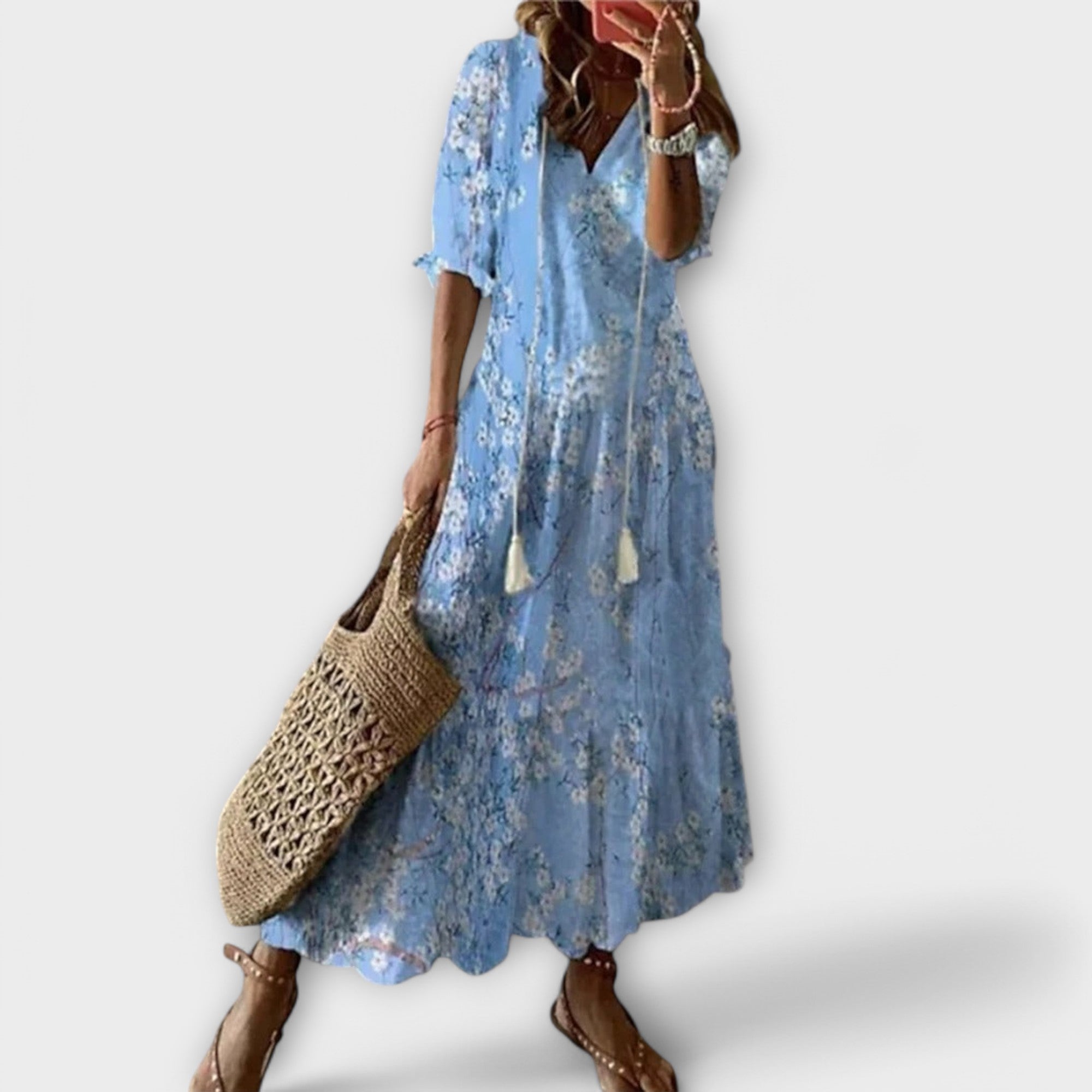 Maxikleid Damen | Boho Ikat-Print & Quasten V-Ausschnitt