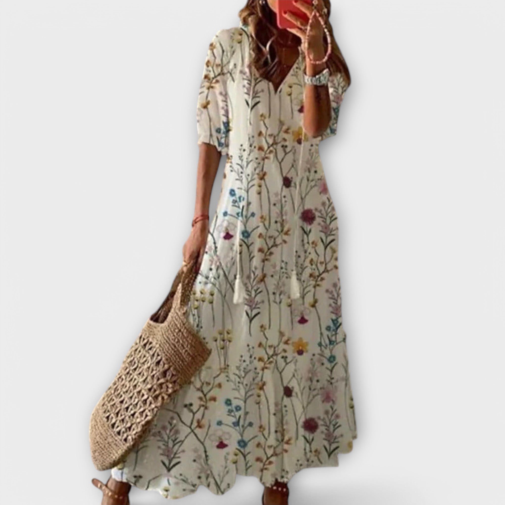 Maxikleid Damen | Boho Ikat-Print & Quasten V-Ausschnitt