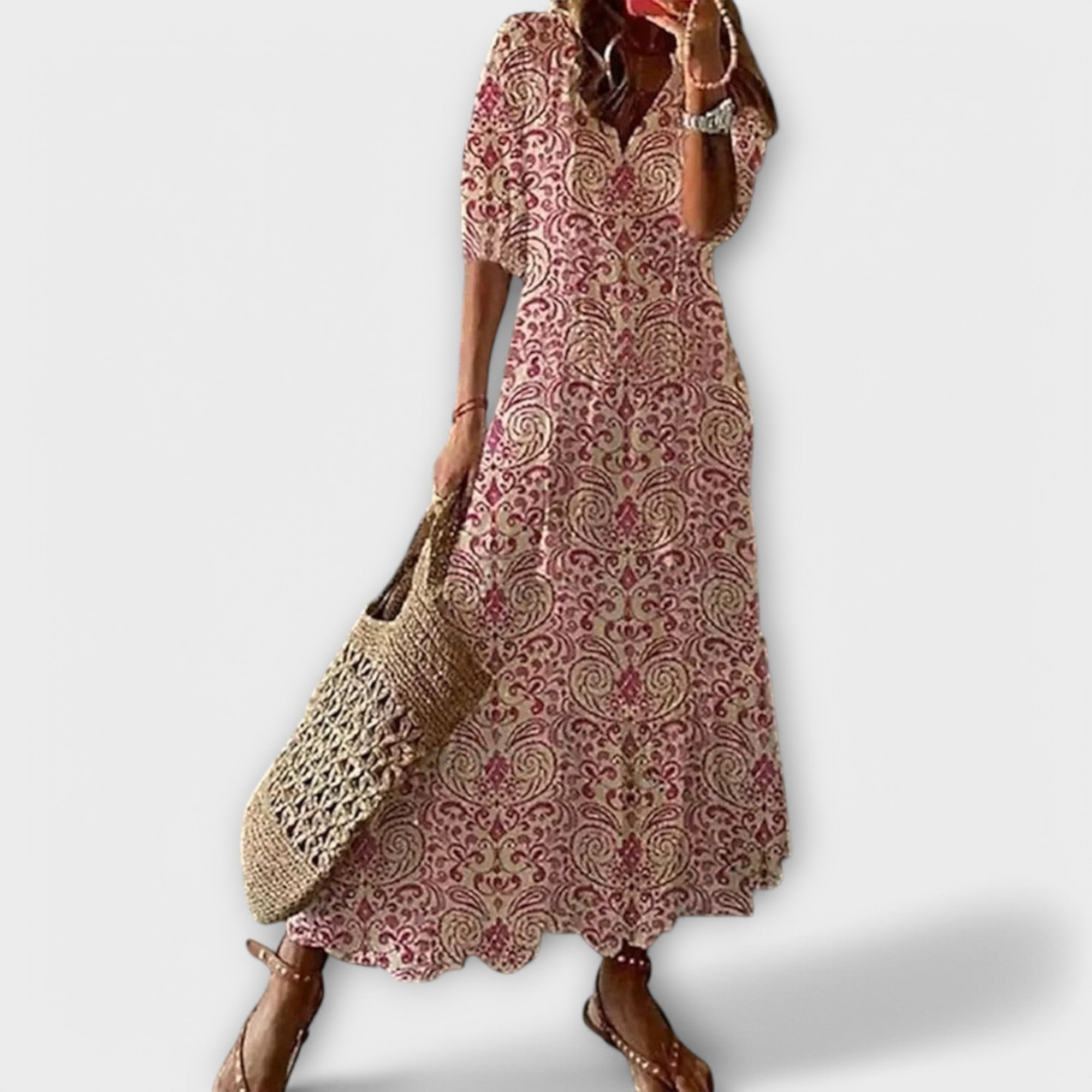 Maxikleid Damen | Boho Ikat-Print & Quasten V-Ausschnitt
