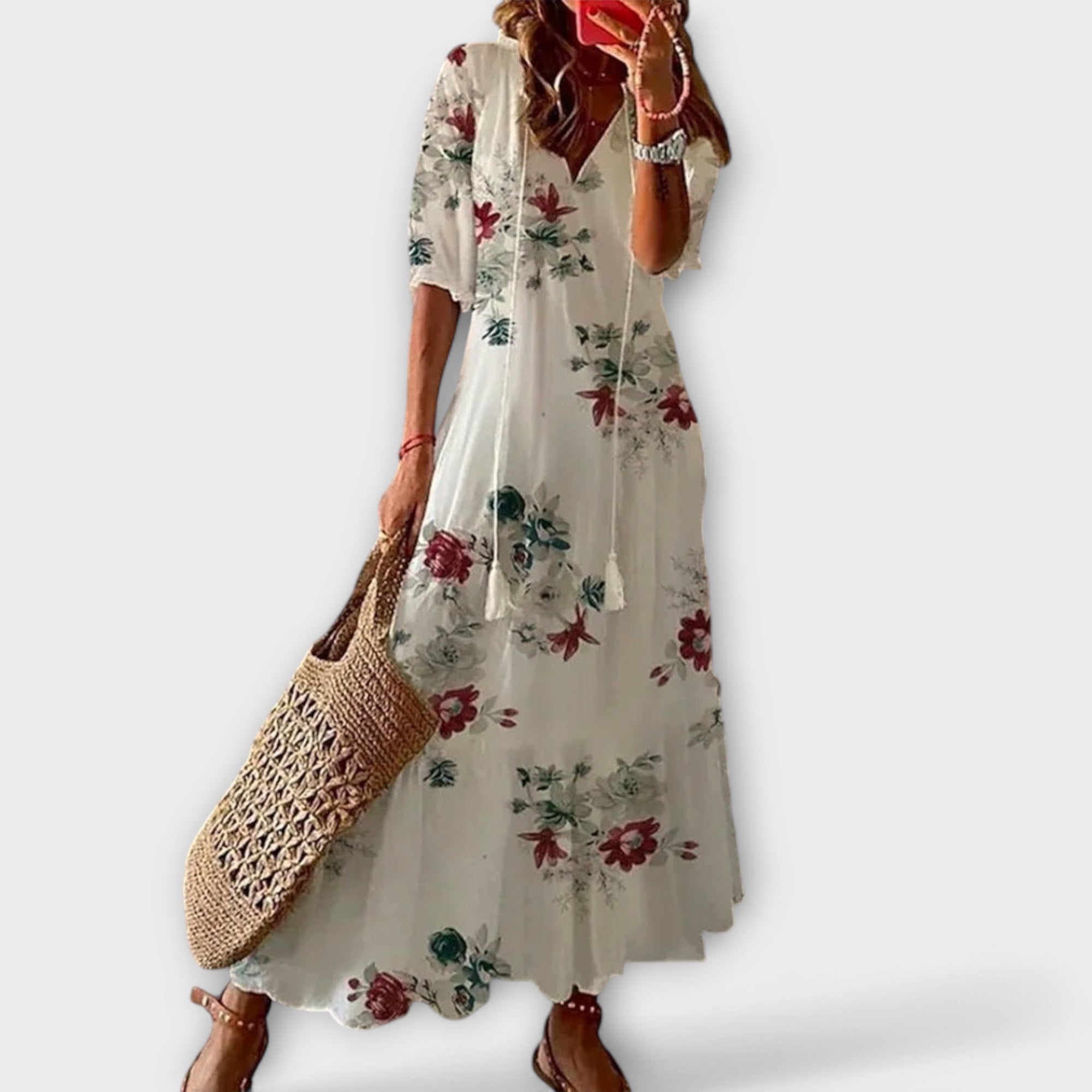 Maxikleid Damen | Boho Ikat-Print & Quasten V-Ausschnitt