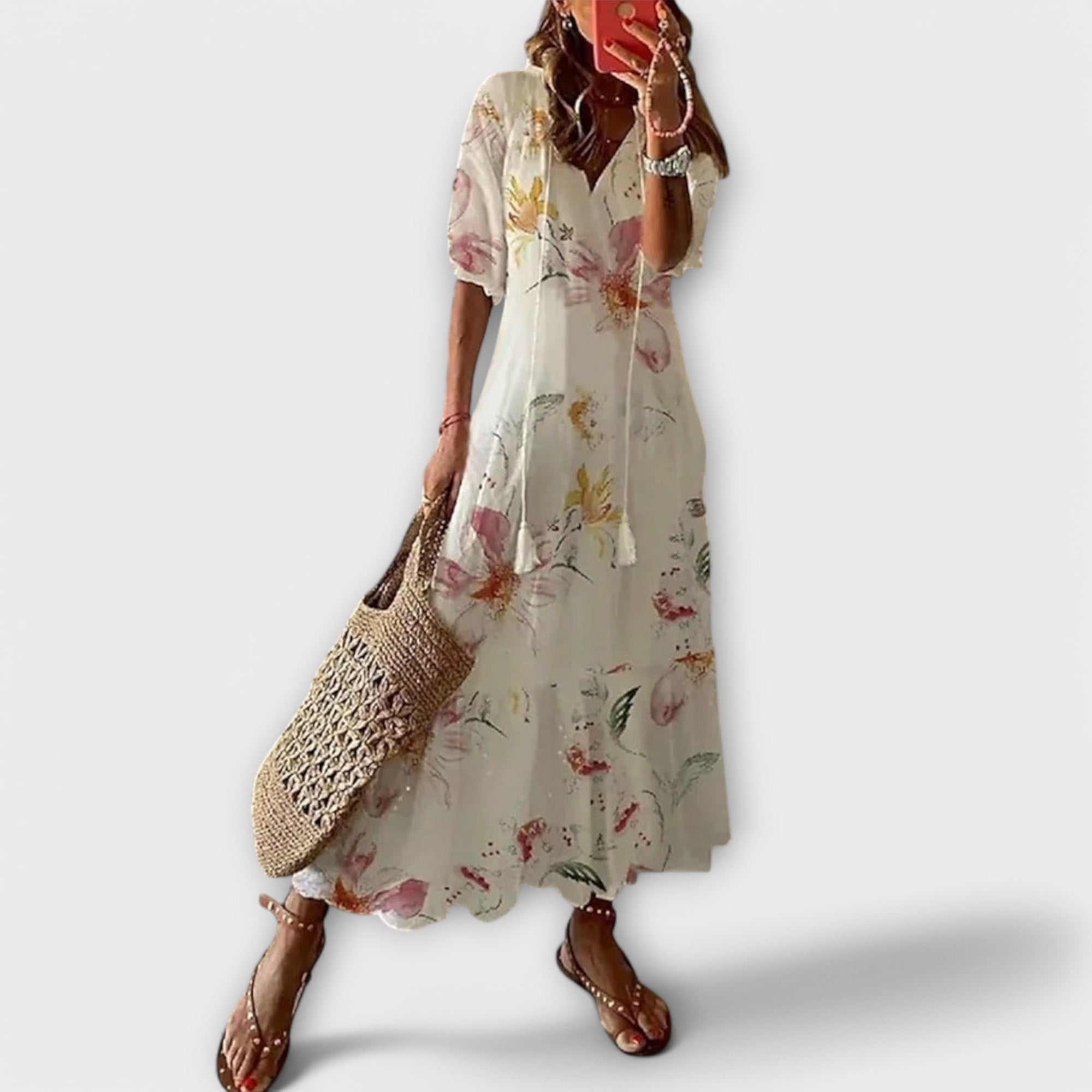 Maxikleid Damen | Boho Ikat-Print & Quasten V-Ausschnitt