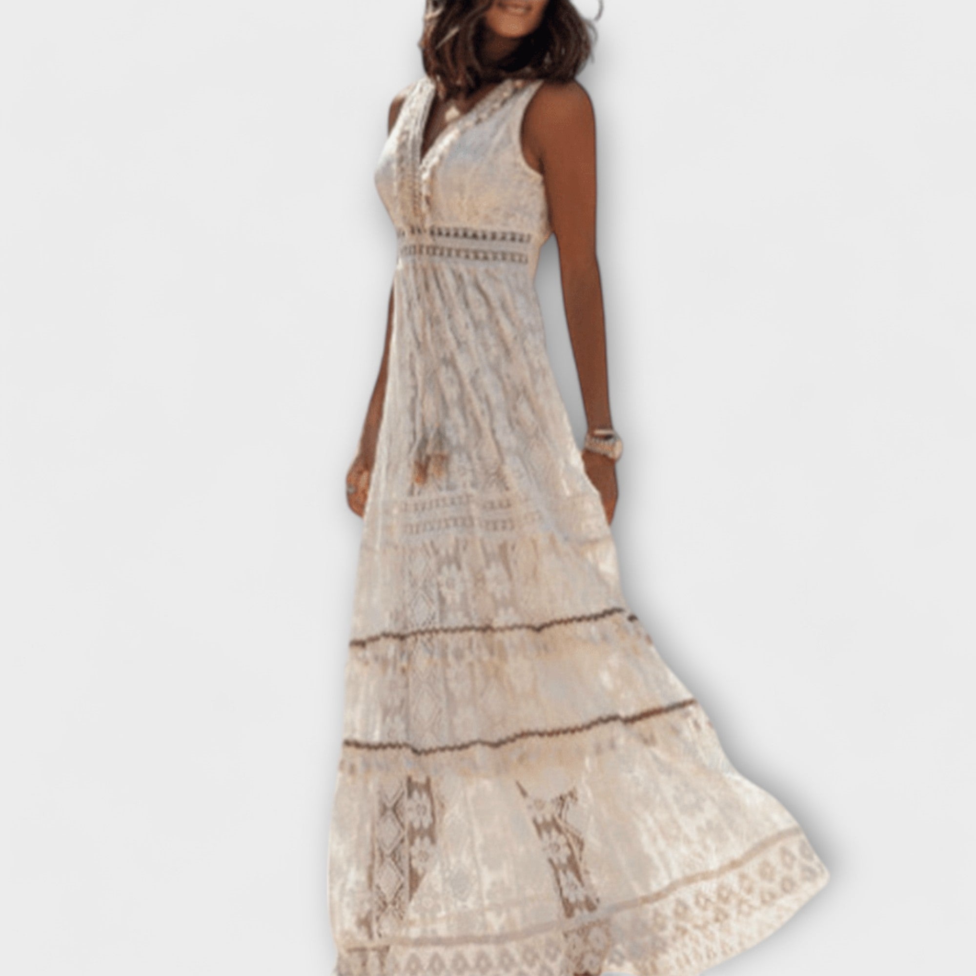 Maxikleid Damen | Boho Spitze & Ärmellos mit V-Ausschnitt