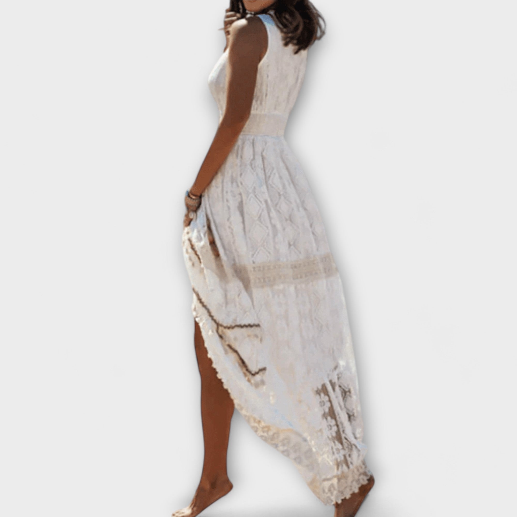 Maxikleid Damen | Boho Spitze & Ärmellos mit V-Ausschnitt