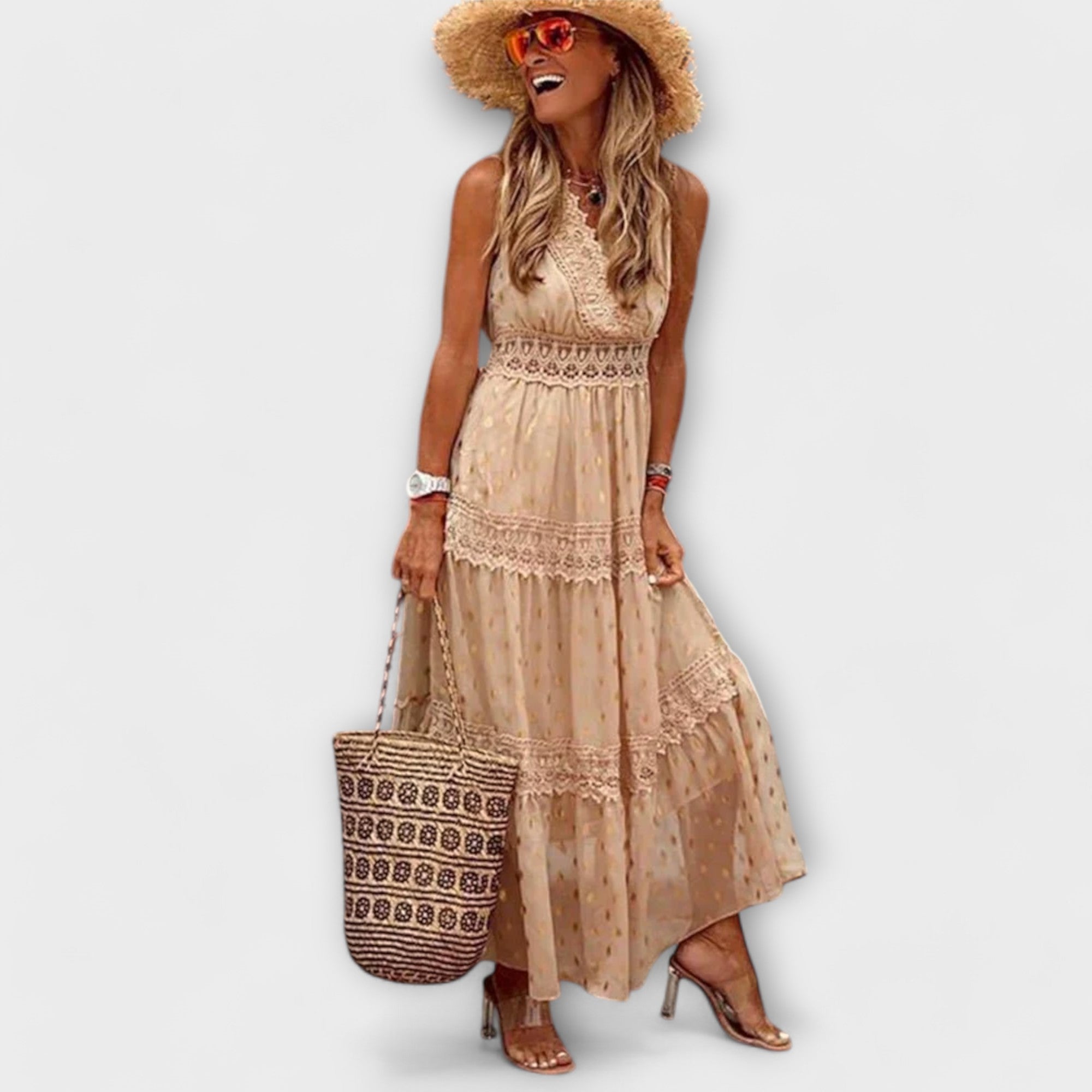 Maxikleid Damen | Boho Spitzenbesatz & Ärmellos mit V-Ausschnitt