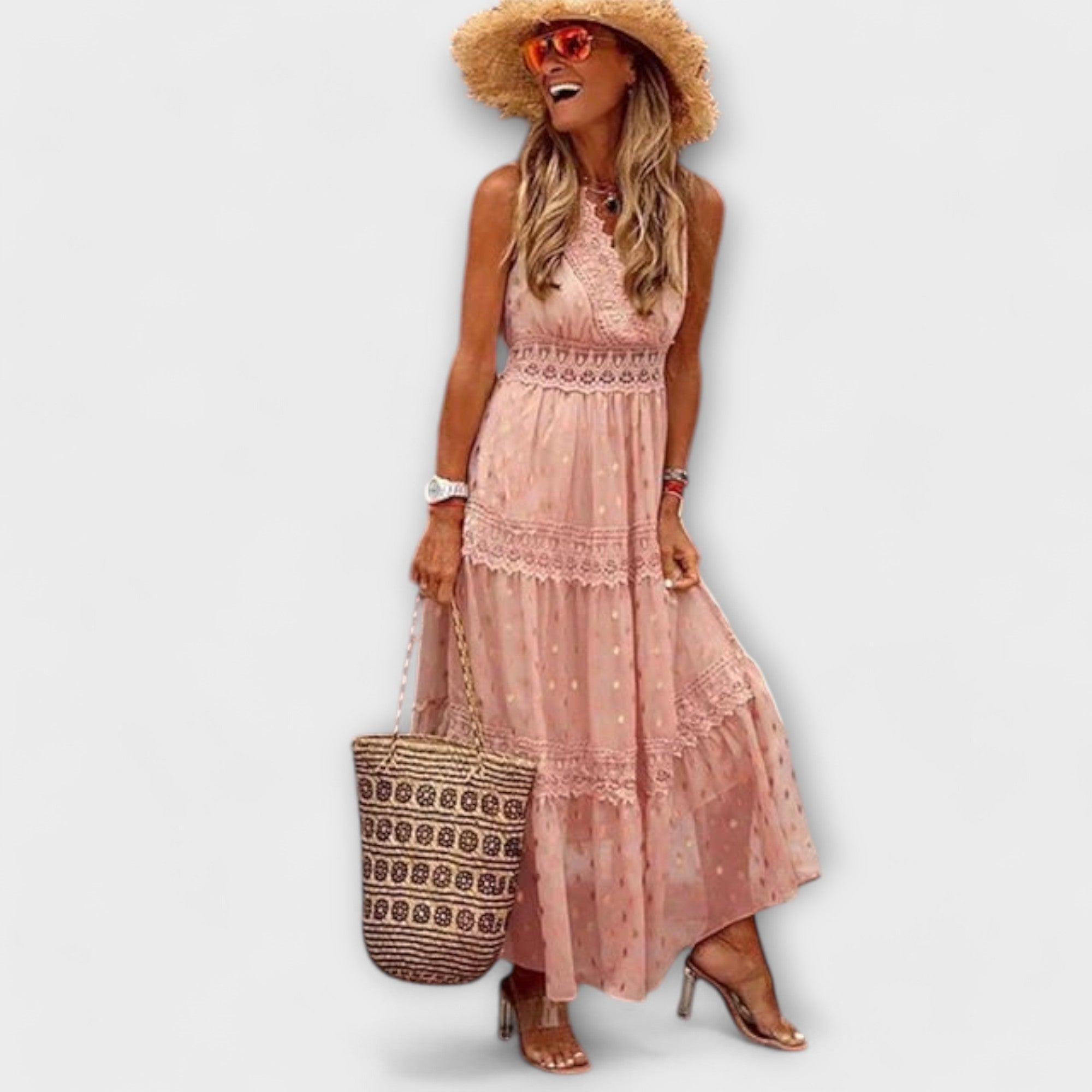 Maxikleid Damen | Boho Spitzenbesatz & Ärmellos mit V-Ausschnitt