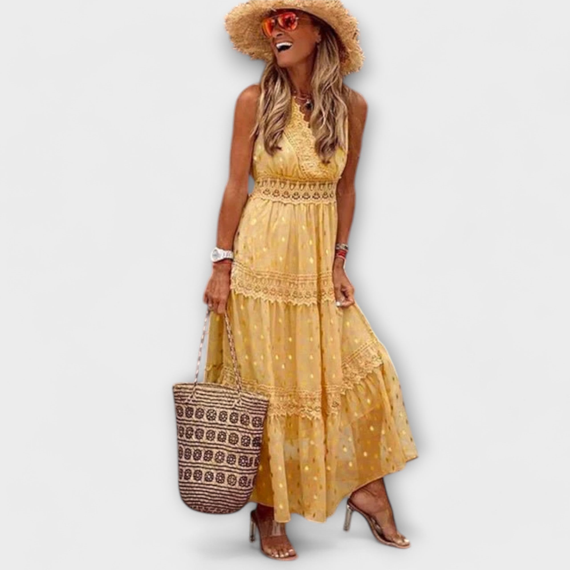 Maxikleid Damen | Boho Spitzenbesatz & Ärmellos mit V-Ausschnitt