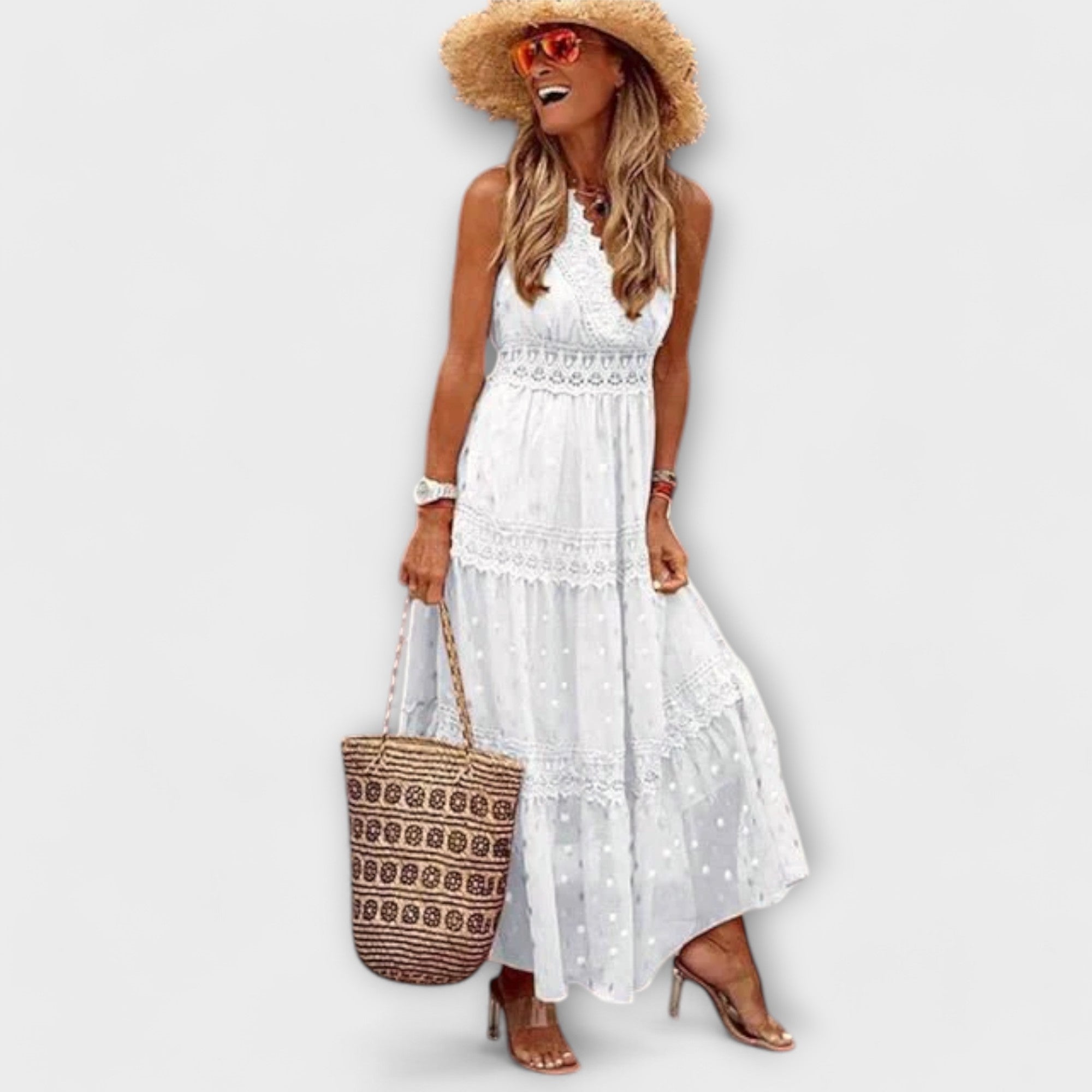 Maxikleid Damen | Boho Spitzenbesatz & Ärmellos mit V-Ausschnitt