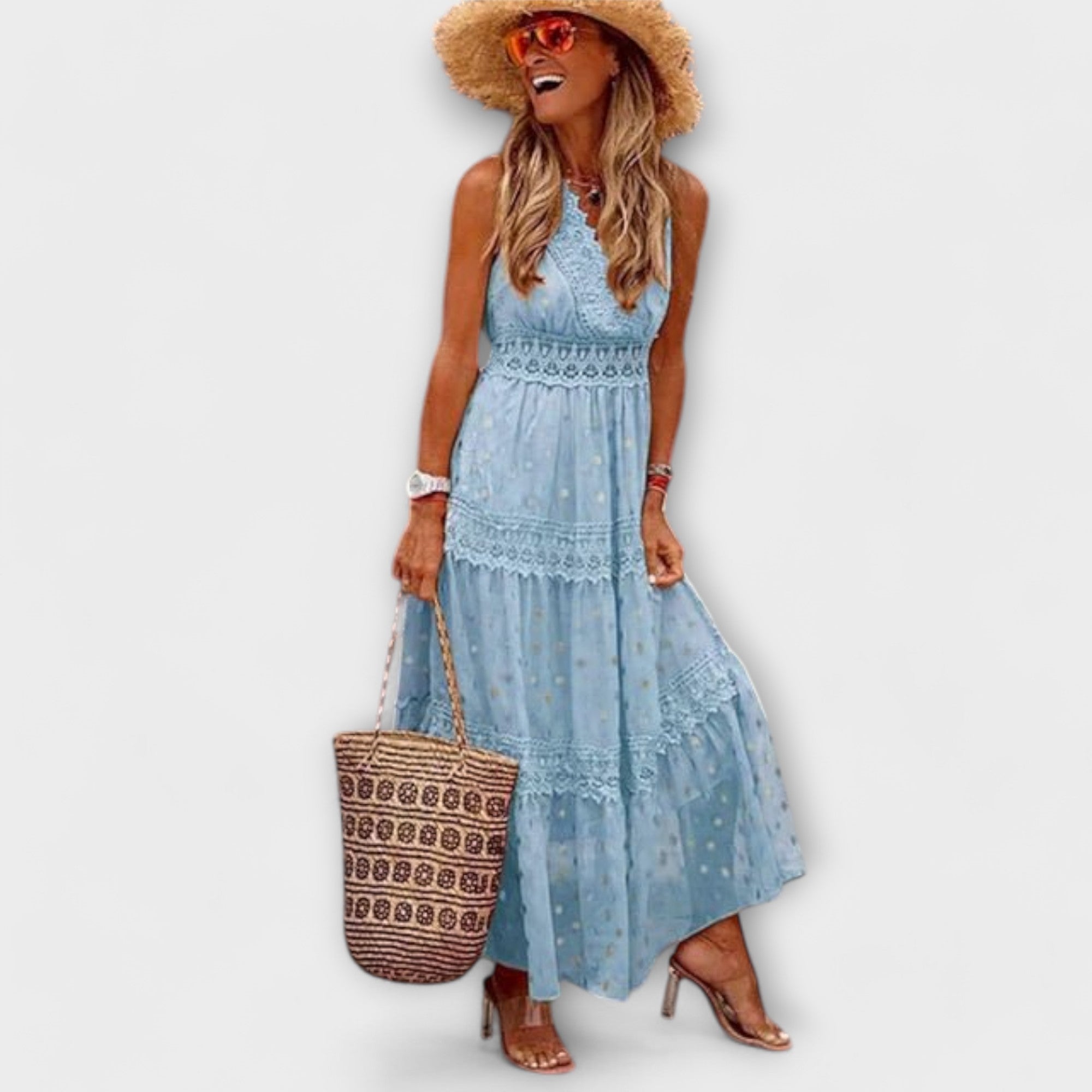 Maxikleid Damen | Boho Spitzenbesatz & Ärmellos mit V-Ausschnitt