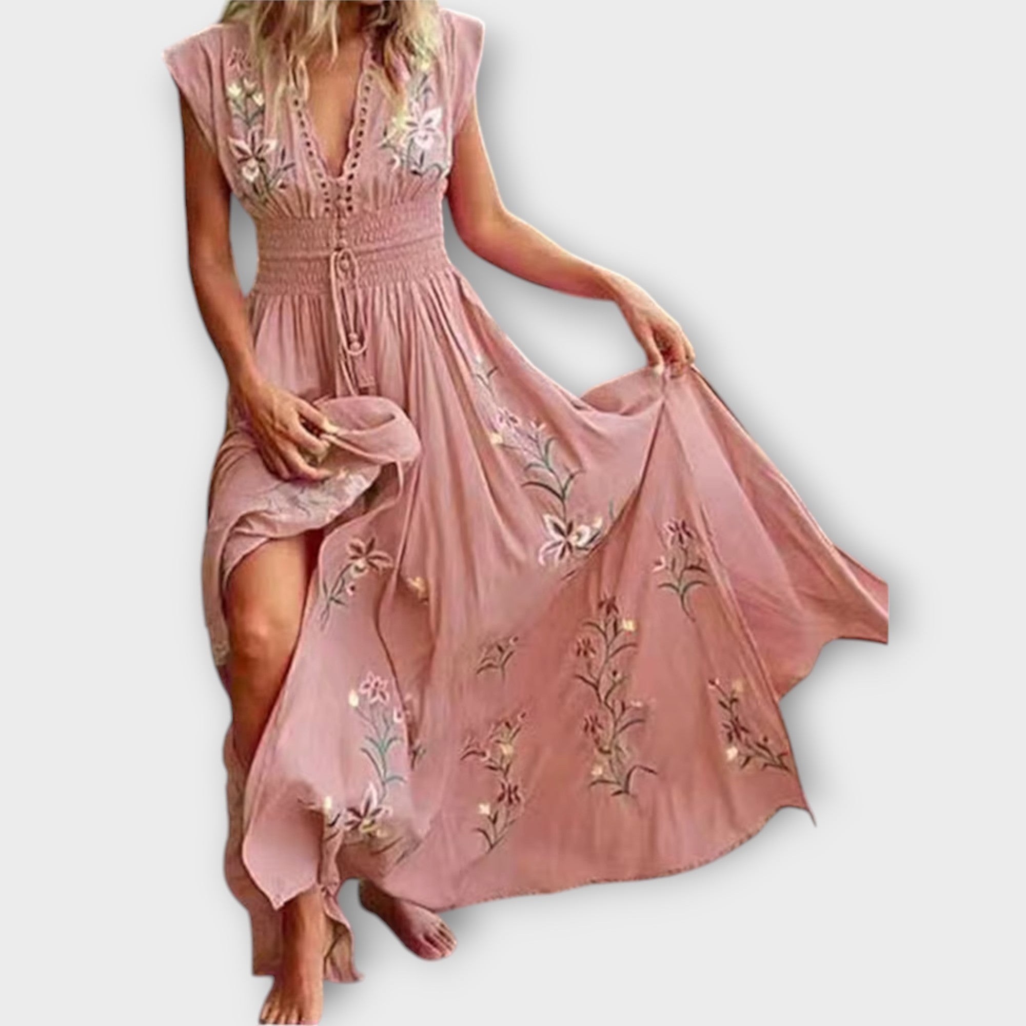 Maxikleid Damen | Boho Stickerei & Smok-Taille mit V-Ausschnitt