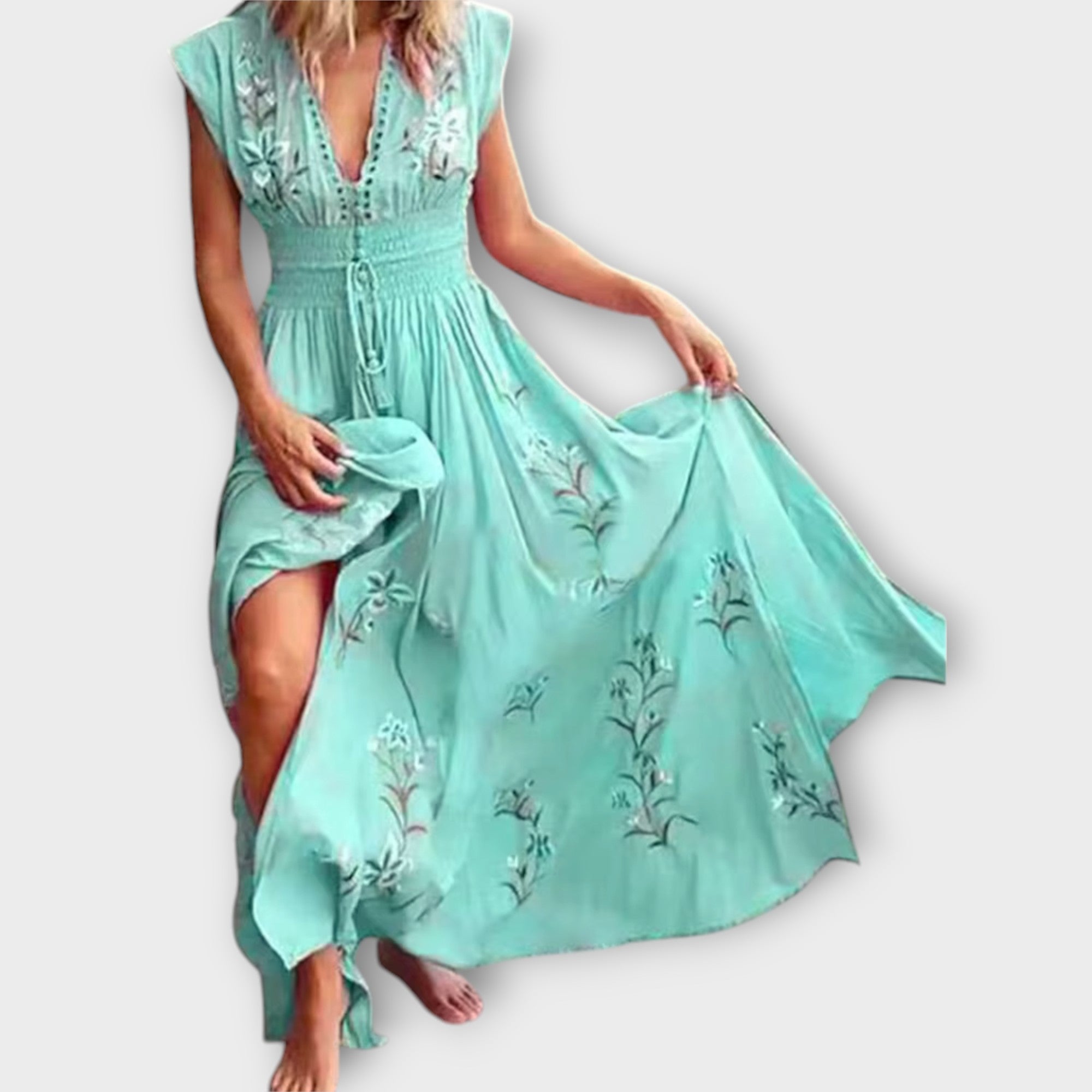 Maxikleid Damen | Boho Stickerei & Smok-Taille mit V-Ausschnitt