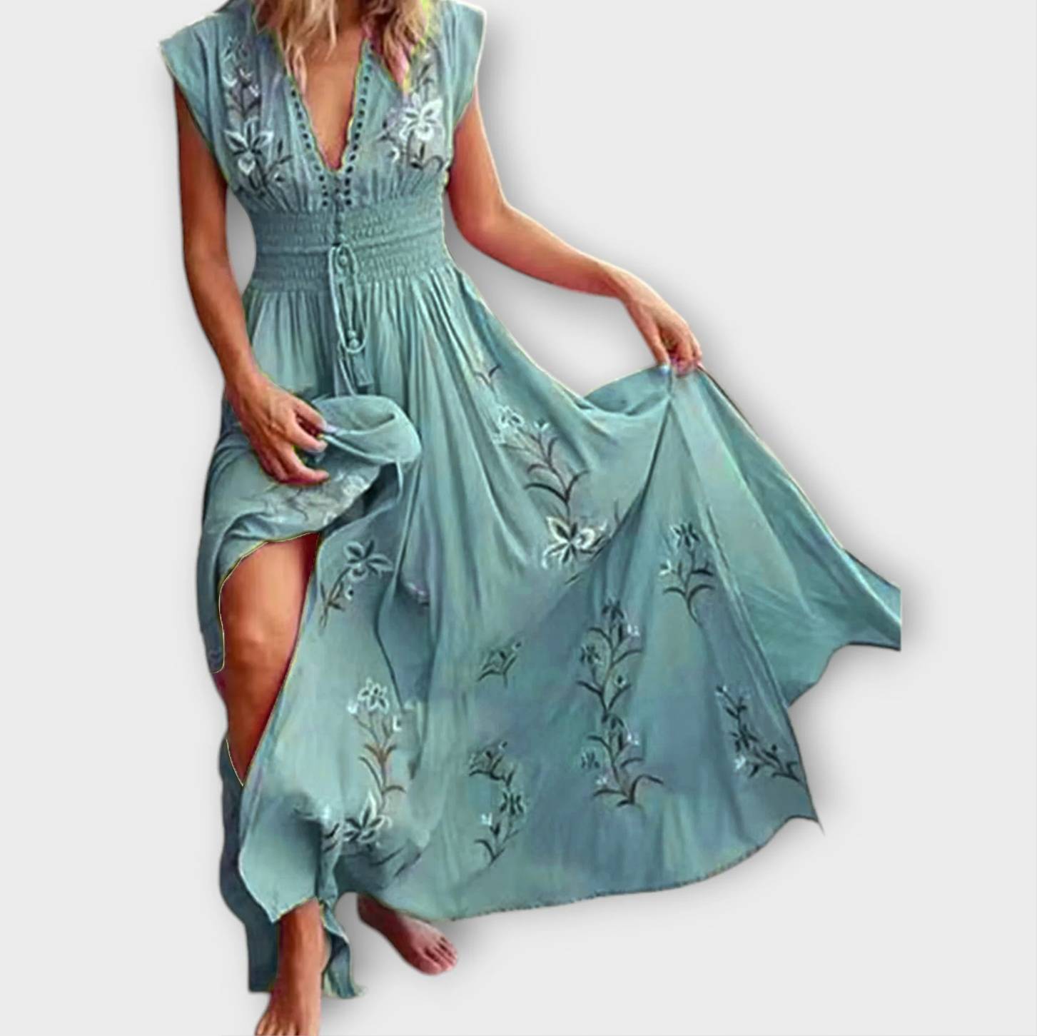 Maxikleid Damen | Boho Stickerei & Smok-Taille mit V-Ausschnitt