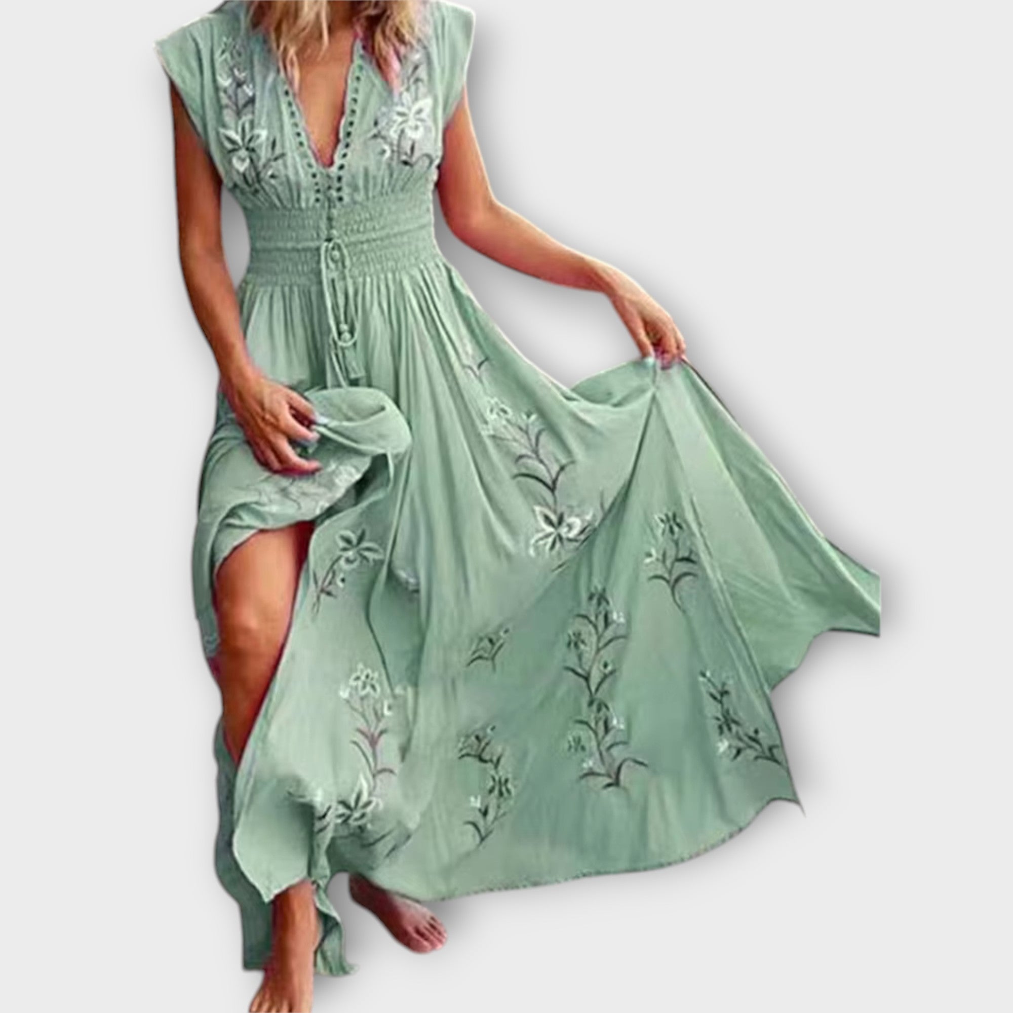 Maxikleid Damen | Boho Stickerei & Smok-Taille mit V-Ausschnitt