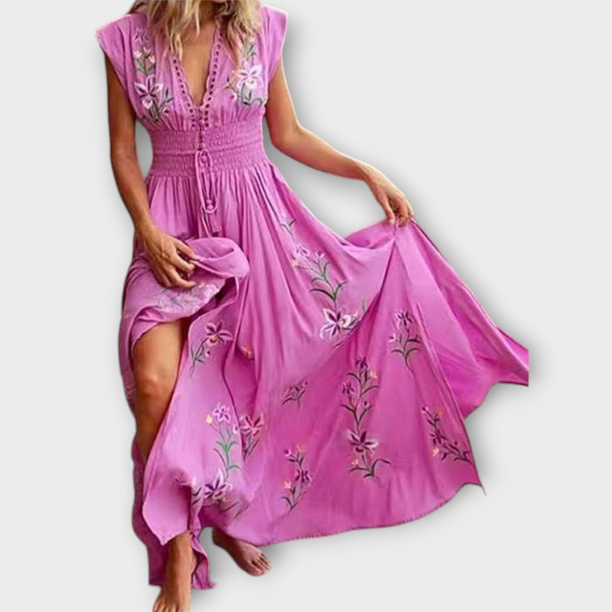 Maxikleid Damen | Boho Stickerei & Smok-Taille mit V-Ausschnitt